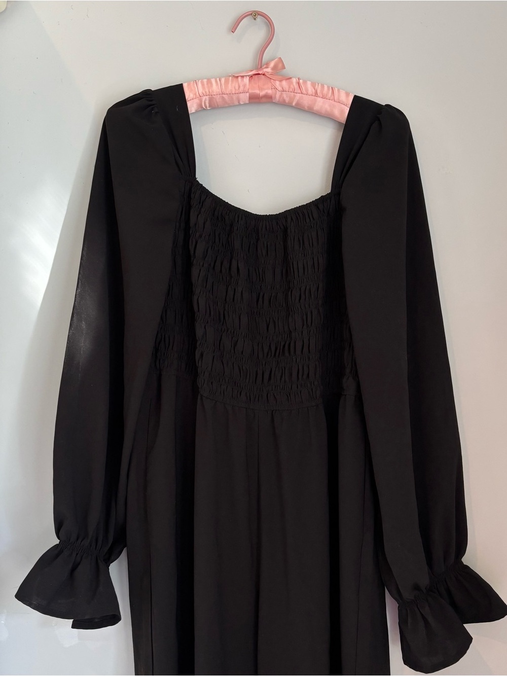 Black Long Sleeve Smocked Bodice Romper Bodysuit Jumpsuit